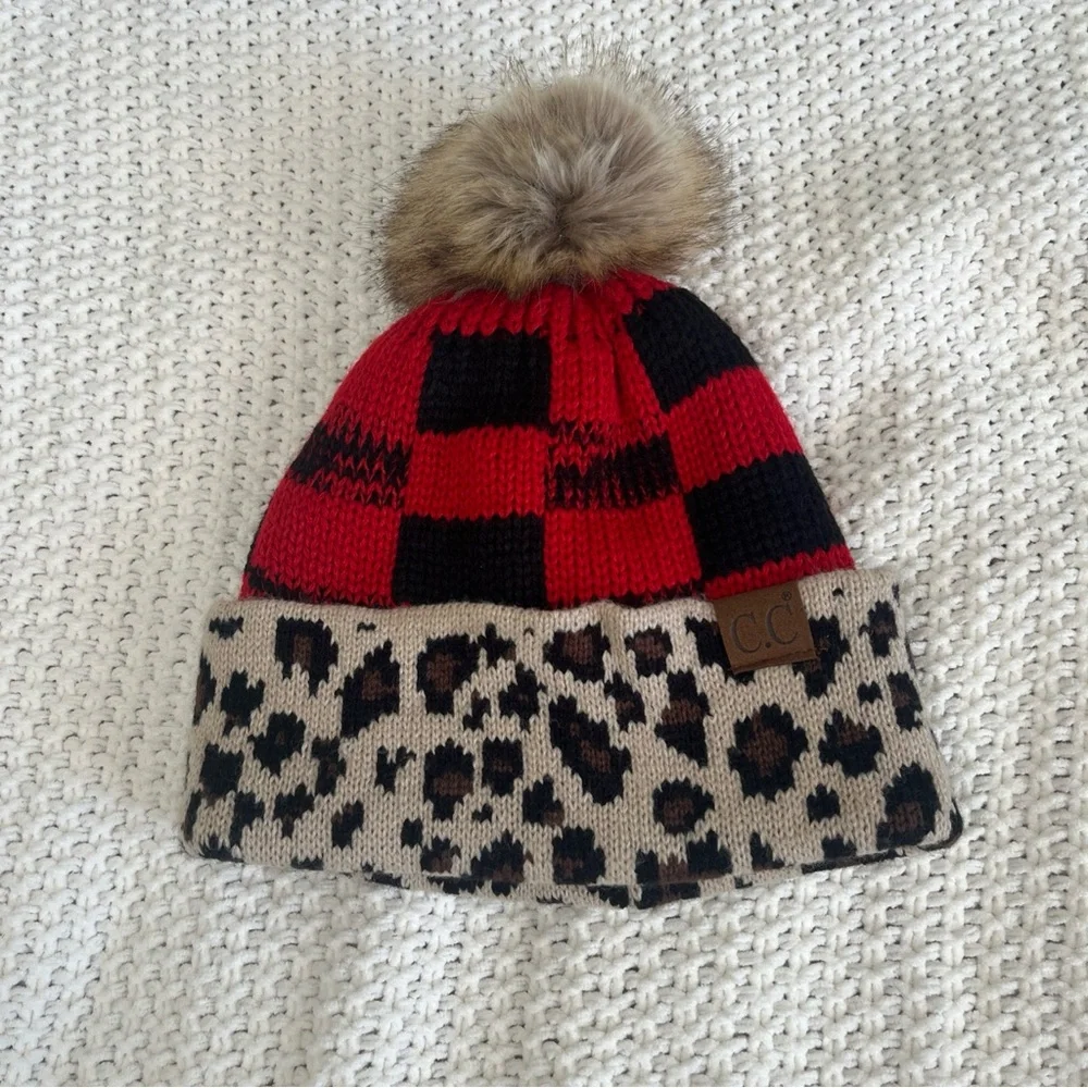 C.C Red and Black Checkered Plaid Leopard Print Beanie with Pom
